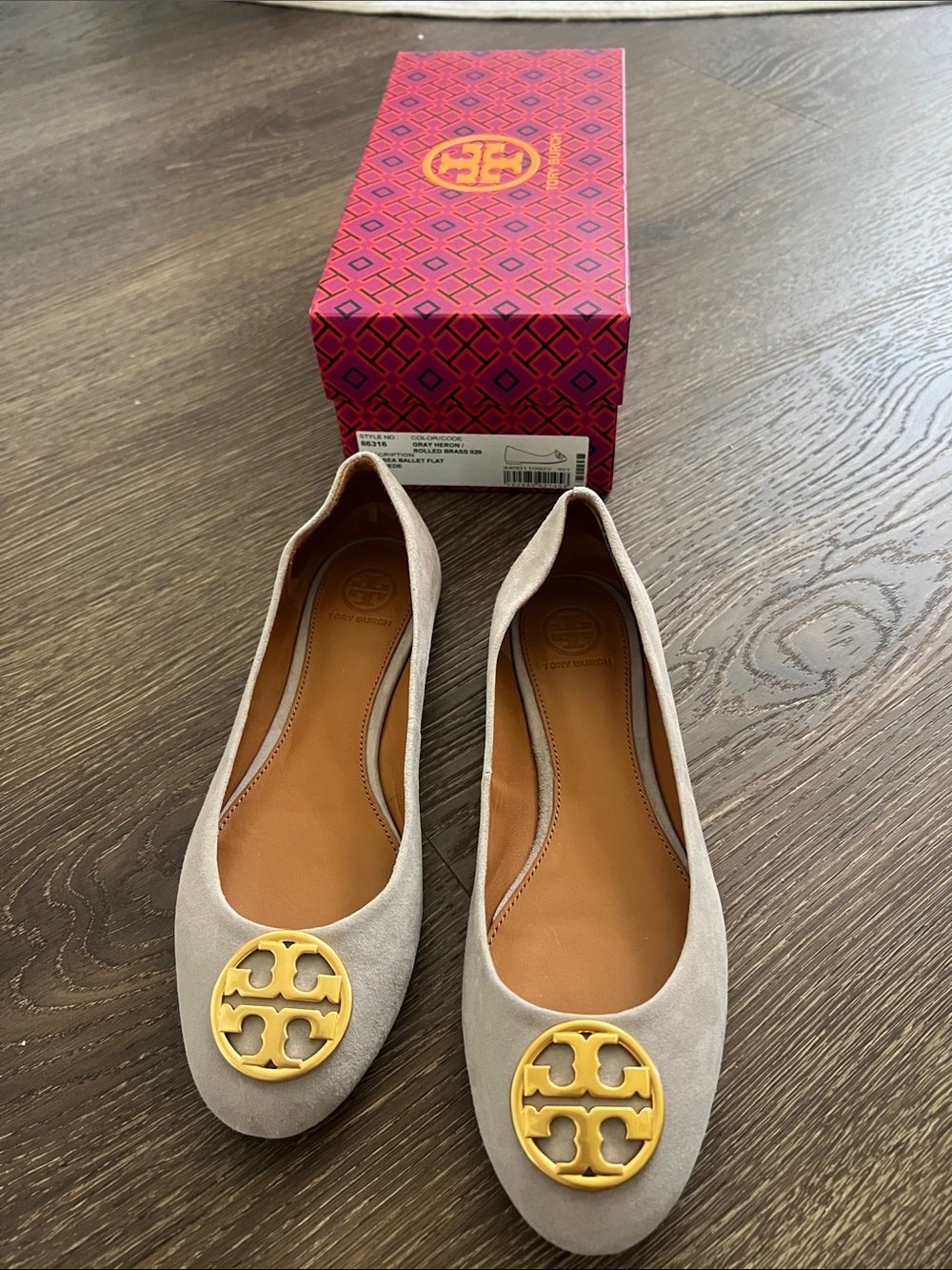 Tory Burch Light Beige Suede Flats with Gold Logo Medallion